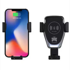 Wireless car charger with smartphone displaying battery status on a white background